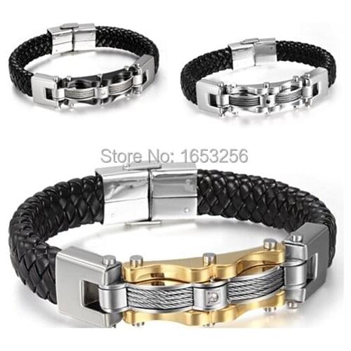 3 Color for choose 316L Stainless Steel Black braid Genuine Leather Mens steel Wire Chain Bracelet Bangle Heavy 15mm 8.8
