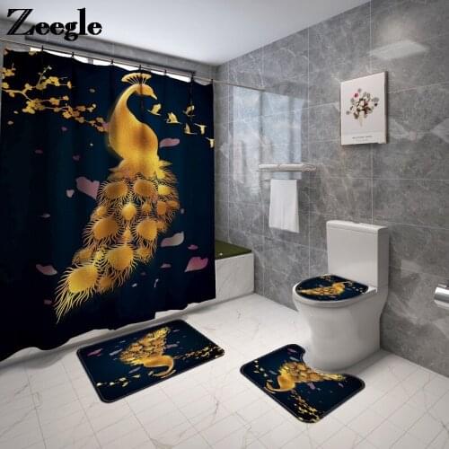 Golden Peacock Printing Bathroom Mat Set Toilet Bath Mat with Shower Curtain Set Modern Home Decor Bathroom Bath Rugs