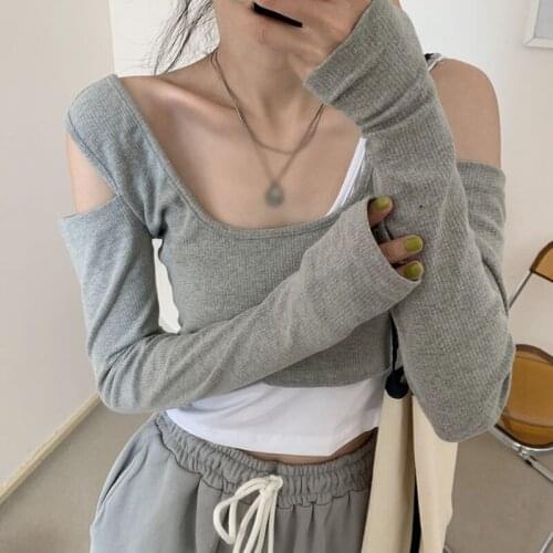 New Long-sleeved Ladies T-Shirt Autumn Two-piece Off-Shoulder Patchwork Tops Women Super Short