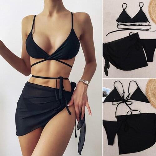 Solid Swimsuit with Skirt Sexy 3 Piece Bikini Halter Push Up Swimsuit Female Swimwear Vintage Bathing Suit