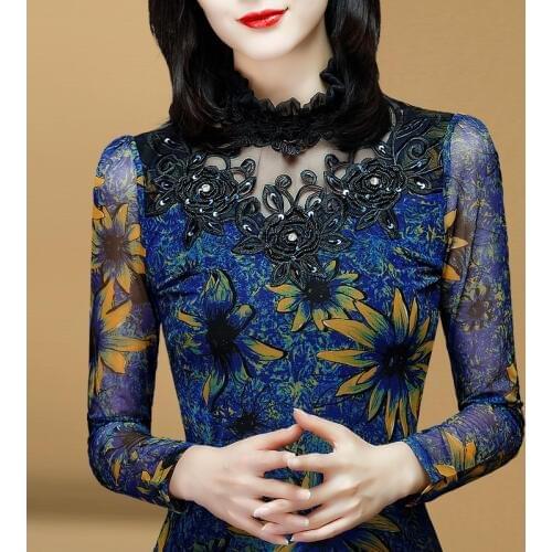 Winter Fall Fashion Women Turtleneck Floral Sequined Mesh Lace Patchwork Beading Shirt Tops , Women Stretch Warm Fleece Shirts