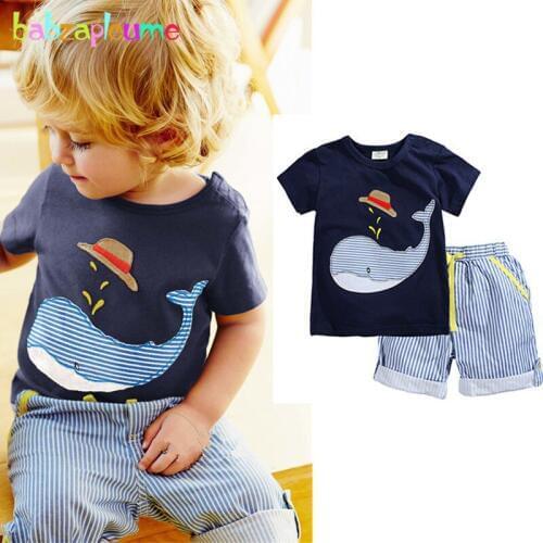 2Piece/2-7Years/Summer Kids Clothes For Sale Baby Boys Tracksuit Cartoon T-shirt+Stripe Short Brand Children Clothing Set BC1095