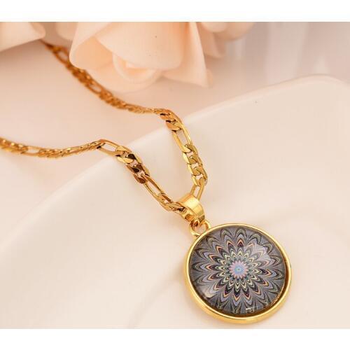 Religious totem round coin crystal glass inlaid personality gold necklace sweater pendant ladies wedding/girls jewelry gift gold