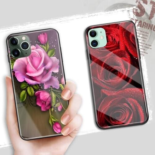 Romatic Red Rose Floral Case for iPhone 11 Hard Back Cover Glass Case for iPhone 6 6S plus 8 7 plus X XR XS MAX 11 pro max Se2