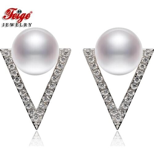 New Design Triangle 925 Sterling Silver White Freshwater Pearl Stud Earrings for Women Party Jewelry Gifts Wholesale FEIGE