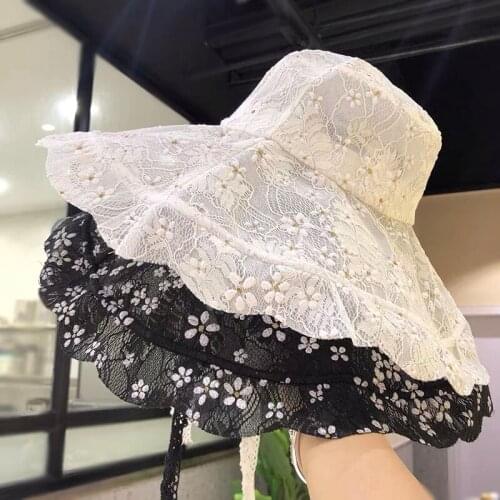 Women Lace Hats Wide Brim Straw Beach Side Cap Floppy Female Straw Hat Lace Solid Fringe Bucket Hat Summer Sun Visor Hat Chapeu