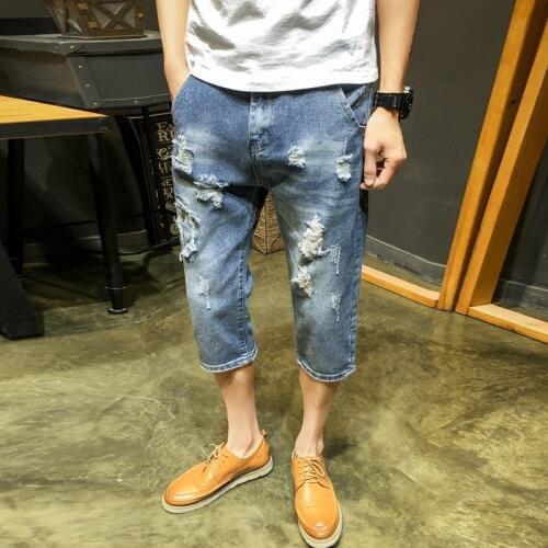 Summer Thin Men Vintage Embroidery Hole Ripped Denim Shorts Fashion Straight Calf Length Casual Loose Fit Male Shorts Streetwear