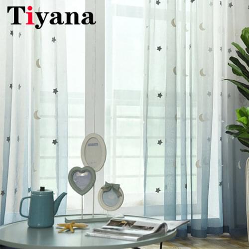 Window Screen Curtain Gradient Embroidered Star Moon Tulle Curtain For Childrens Living Roomd Kids Bedroom Draperies M154Z
