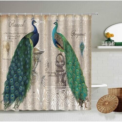Blue Green Peacocks Pattern Shower Curtain Retro Chinese Bird Bathroom Wall Decoration With Hook Waterproof Polyester Screen Set