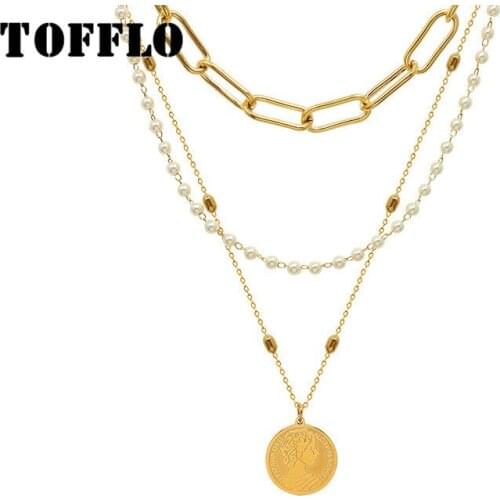 TOFFLO Stainless Steel Jewelry Three Layer Pearl Queen Pendant Necklace Womens Fashion Clavicle Chain BSP1004