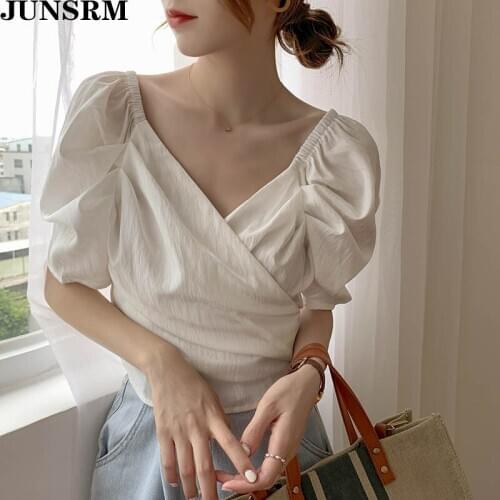 2020 Summer New Puff Sleeve Women Blouses Shirts Elegant V-Neck Lace Up Chiffon Shirts Tops Vintage Sweet Short Tops Female