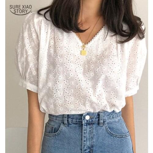 Pullover White Ladies Tops Clothing Summer New Short Sleeve Hollow Out Blouse Women Office Lady V-Neck Floral Women Shirt 9595