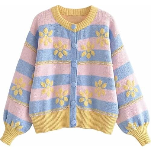 Za Women Autumn Winter Knitted Butto Loose Knit Sweater Coat Flower Decoration O Neck knitted Cardigan XITIMEAO