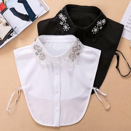 Women Detachable Fake Collar Rhinestone Faux Pearls Embroidery Floral Half-Shirt