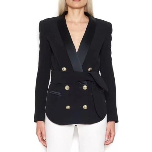 QUALITY Newest HIGH 2021 Designer Jacket Womens Elegant Double Breasted Lion Buttons Lacing Belt Blazer Outer Wear