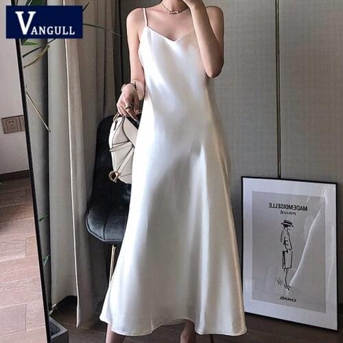 Vangull Satin Solid Sling Sleeveless Long Dress Women Summer New Sexy V-neck A-line Backless Dress Fashion Party Fishtail Skirt