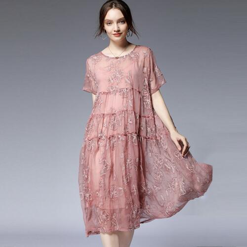 Womens loose patchwork Embroidered two-piece dress short sleeve crew neck big size fashion Elegant dress pink See-through dress