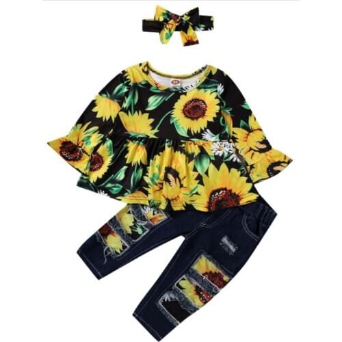 2021 Fashion Kids Girls Clothes Sets 3pcs Sunflowers Print Long Sleeve Ruffles Dress Tops Denim Pants Headband 0-5Y