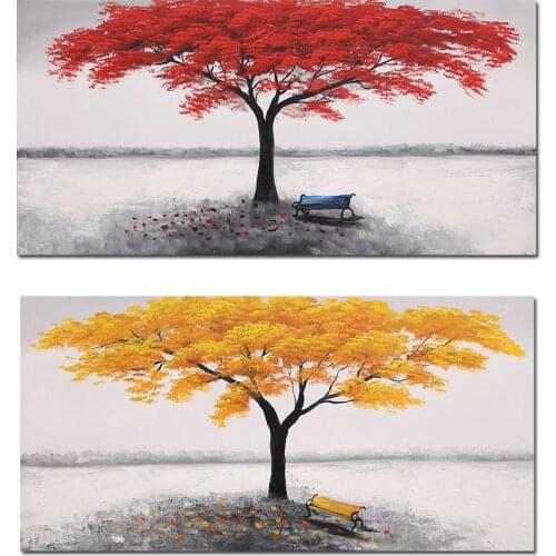 Abstract Yellow Tree Painting 100% Hand Painted Oil Painting On Canvas Abstract Handmade Red Tree Wall Art For Home Decoration