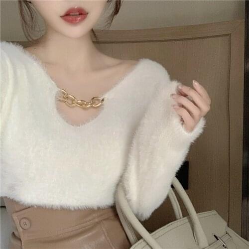 White Short V-neck Sweater Womens New Autumn And Winter Loose Korean Soft Lazy Wind Knitted Top