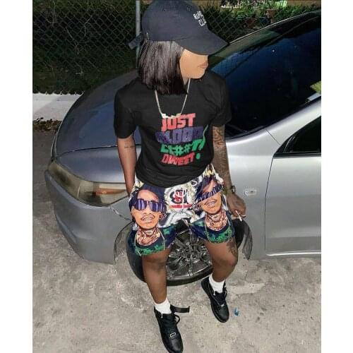 VAZN 2021 Hip Pop Wind Print Shinny Set High Street Tracksuit Top Short Pant Sexy Young High Waist Skinny Women 2 Piece Set