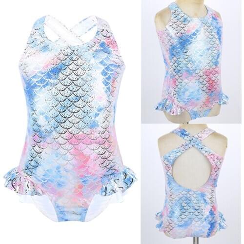 Kids Girls One-piece Mermaid Dance Leotard Sleeveless Sparkly Mermaid Fish Scales Pattern Printed Swimsuit Swimwear Bathing Suit