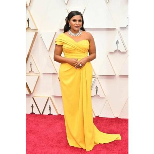 Long One Shoulder Yellow Satin Celebrity Dresses with Detachable Train Floor Length Robe De Soiree Formal Gowns for Women