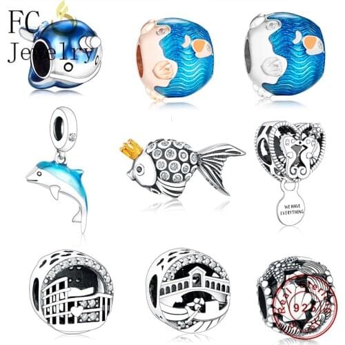 FC Jewelry Fit Original Brand Charms Bracelet 925 Silver Animal Gold Color Crown Fish Angel Beads for Making DIY Berloque