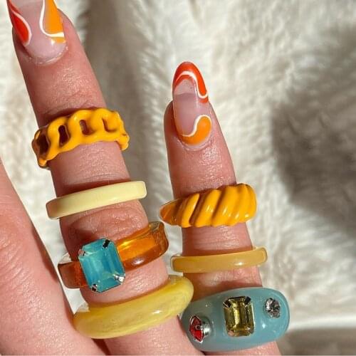 Y2K Jewelry Embedded Crystal Resin Rings for Women Candy Color Harajuku Vintage 90s Aesthetic Acrylic Rings Charms Gifts New