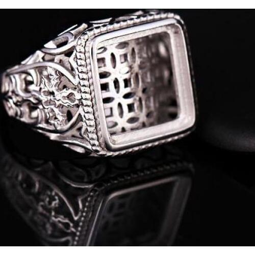 Sterling Silver 925 Semi Mount Engagement Wedding Men Ring 13.7x13.7mm Princess Cabochon Fine Jewelry Setting White Gold Color