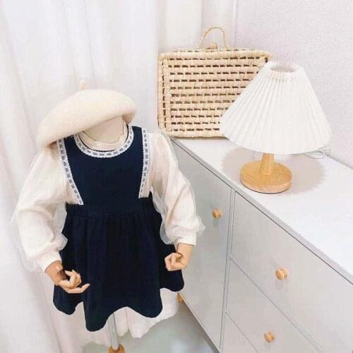 Kids Autumn Girls Princess Clothes Set Fashion Baby Children Long Sleeve Blouse Tops+Lace Overall Dress 2pcs Suit S13038