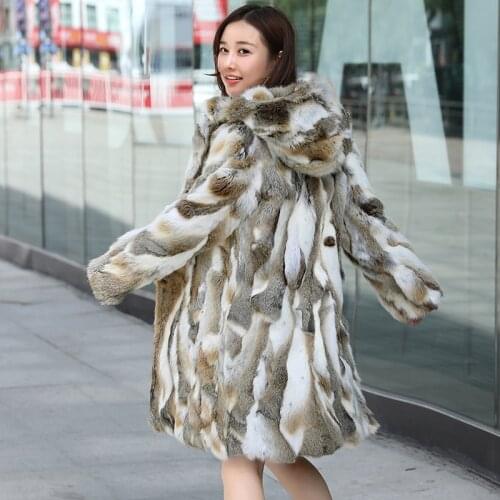 New Real genuine natural rabbit fur coat with hood womens fashion fur jacket outwear custom any size Free shipping