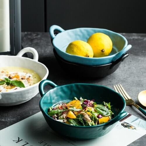 Nordic Matte Dessert Bowl Creative Binaural Bowl Retro Ceramic Irregular Tableware Household Ramen Bowl Shaped Fruit Salad Bowl