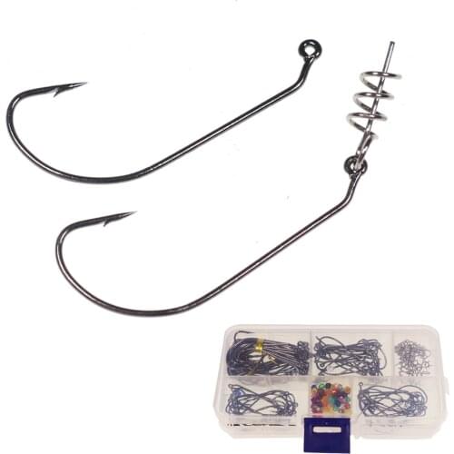 Fishing Soft Lure Worm Hooks Combine Set 100pcs Mix Size Inline Jig hooks + 20pcs Bait Pin Spring + 100pcs Hard Beads