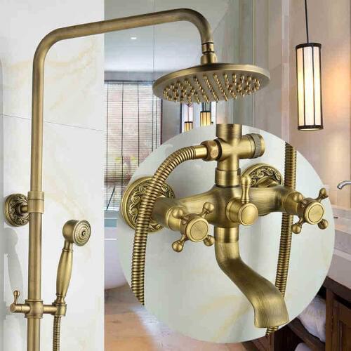 Bathroom Wall-mounted Shower Mixer Tap Set with Bidet Antique Carved Solid Brass Rainfall Shower Set Shower Head Set