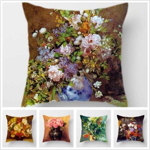 Oil Flower Painting Cushion Cover Polyester Vintage Pillowcase Retro Floral Home Decoration for Living Room Sofa Couch 45*45cm