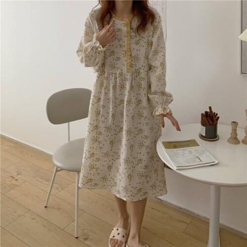 100% cotton gauze soft nightgown women sleep dress long sleeve loose floral print homewear ladies sleepdress autumn L518