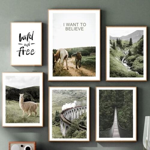 Yak Horse Alpaca Bridge Canopy Train Nordic Posters And Prints Green Nature Art Canvas Painting Wall Pictures For Bedroom Decor