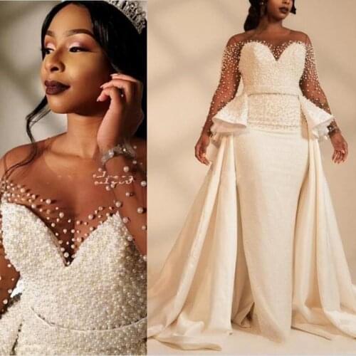 African Mermaid Wedding Dresses Detachable Train Long Sleeve Bridal Gowns Pearls Neaded Plus Size Garden Country Wedding Dress