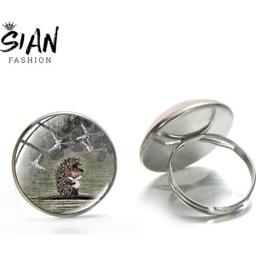 SIAN Hedgehog In The Fog Cartoon Photo Art Photo Ring Resizable Handmade Round Glass Dome Alloy Animel Finger Rings For Friends