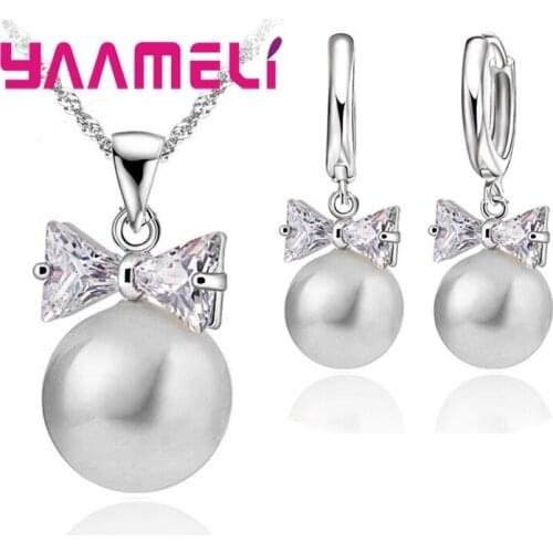 925 Sterling Silver Pearl Hoop Earrings Necklace Bowknot Crystal Jewelry Set For Women Girls Wedding Party Nice Gifts