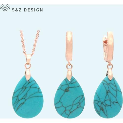 S&Z DESIGN Water Drop Synthetic Turquoises Dangle Earrings Jewelry Sets 585 Rose Gold White Gold For Women Wedding Jewelry