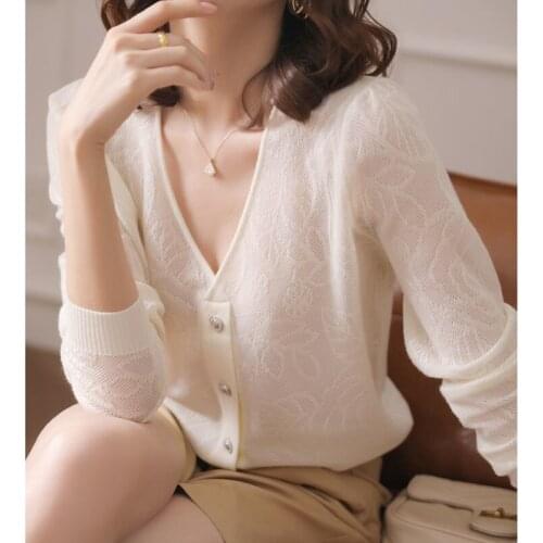 Spring Summer Women Cardigan Coat Lady Elegant V-Neck Thin Knitted Hollow Out Patterns Sweater Femme Loose Plus Size Casual Tops