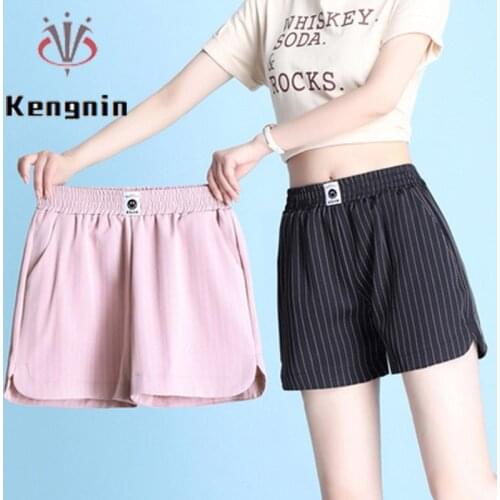 New Summer Formal Women Shorts Casual Striped Plus Size 4XL Female Short Elastic Waist Loose Ladies Wide Leg Pantsalone KN218