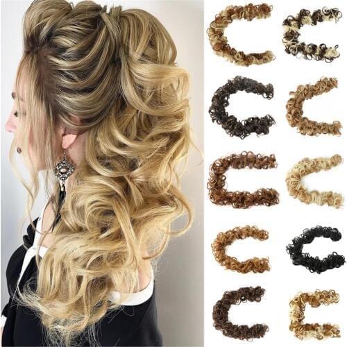 SHUOHAN 80cm Long Messy Synthetic Hair Bun Extension Caterpillar Rubber Band Curly Ponytail Chignon Black Brown Blonde Long