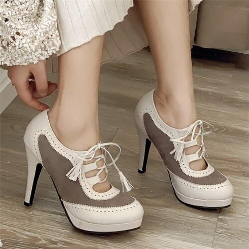 New Ladies Shoes High Heels Platform Pumps 2020 Spring Lace Up Vintage Retro Women Dress Party Shoes White Black Size10 41 42 43