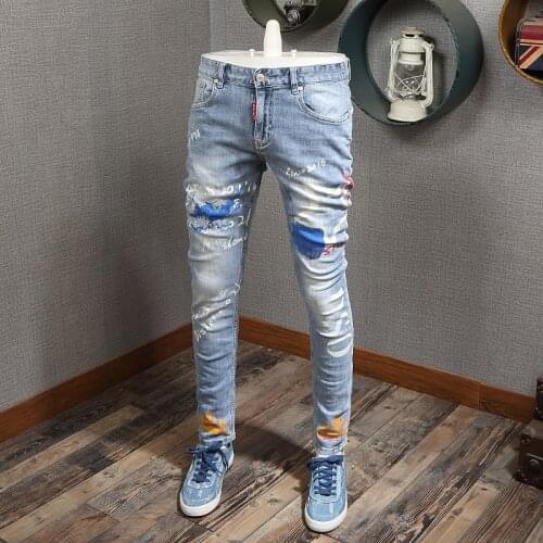 European American Street Fashion Men Jeans Retro Light Blue Elastic Slim Fit Printed Jeans Men Designer Hip Hop Denim Punk Pants