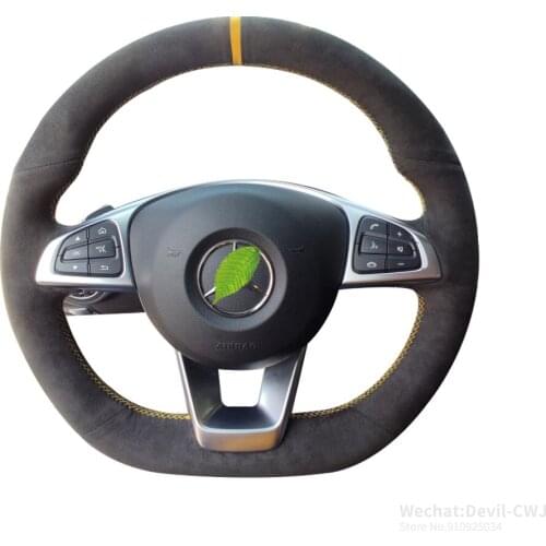All Black Suede Leather Steering Wheel Cover For Mercedes Benz C200 C250 C300 Sport CLA220 B250 B260 Yellow Stitch Grip Cover