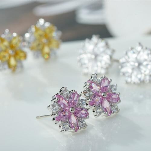 Buyee 100% 925 Sterling Silver Stud Earring Pink Petals Marquise Crystal Cherry Blossom Earring for Women Wedding Party Jewelry
