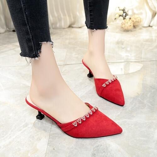 Ladies slippers outside Spring 2020 Half-trail fashion pointed suede rhinestone skin-friendly elegant wild womens shoes U30-45